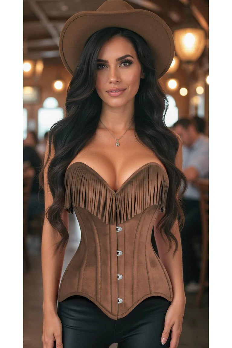 Tan Suede Steel Boned Overbust Corset w/Fringe