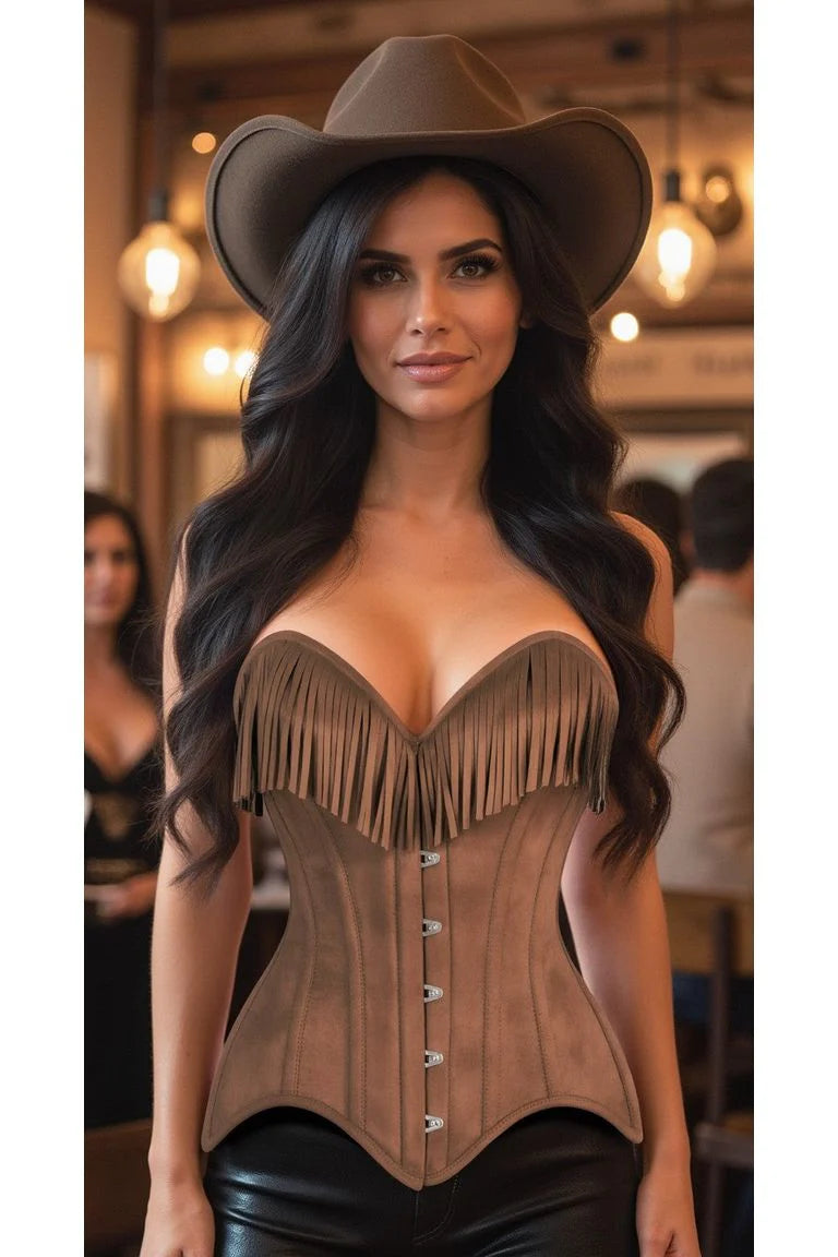 Tan Suede Steel Boned Overbust Corset w/Fringe