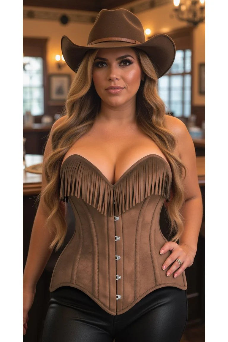 Tan Suede Steel Boned Overbust Corset w/Fringe