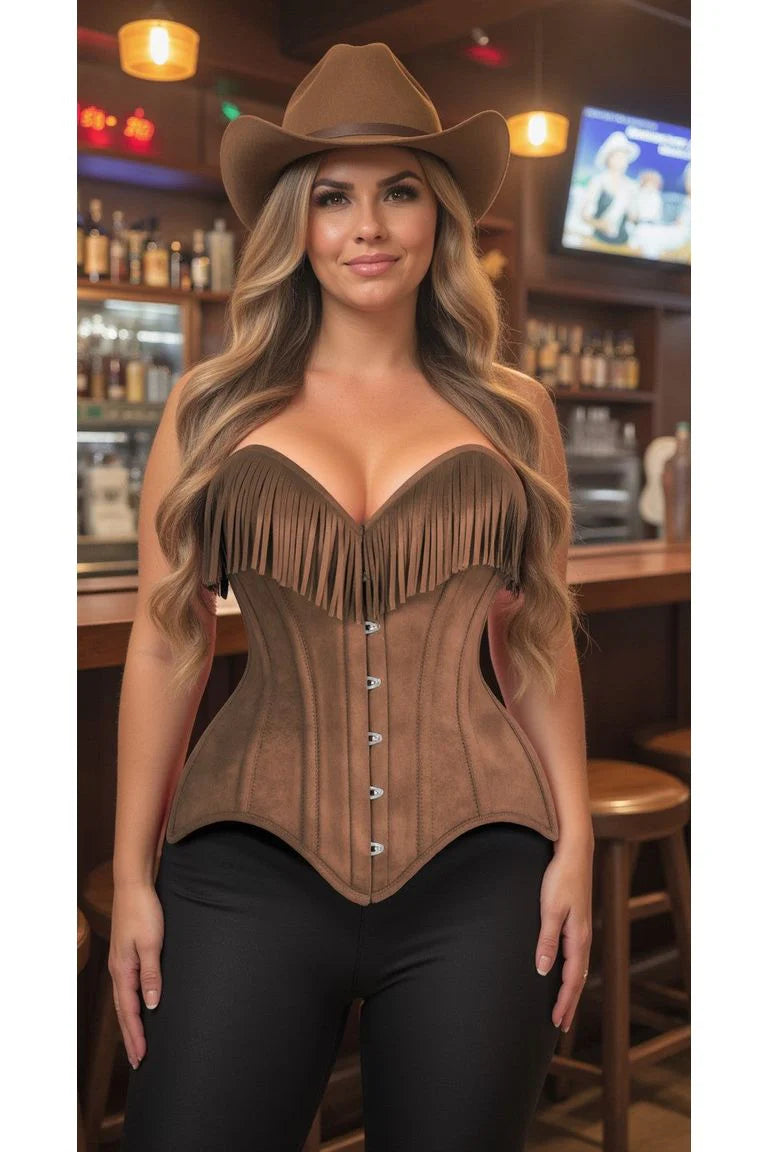 Tan Suede Steel Boned Overbust Corset w/Fringe