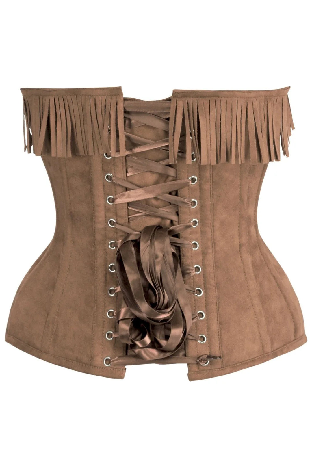 Tan Suede Steel Boned Overbust Corset w/Fringe