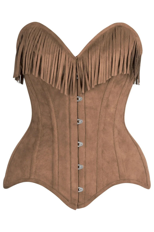 Tan Suede Steel Boned Overbust Corset w/Fringe