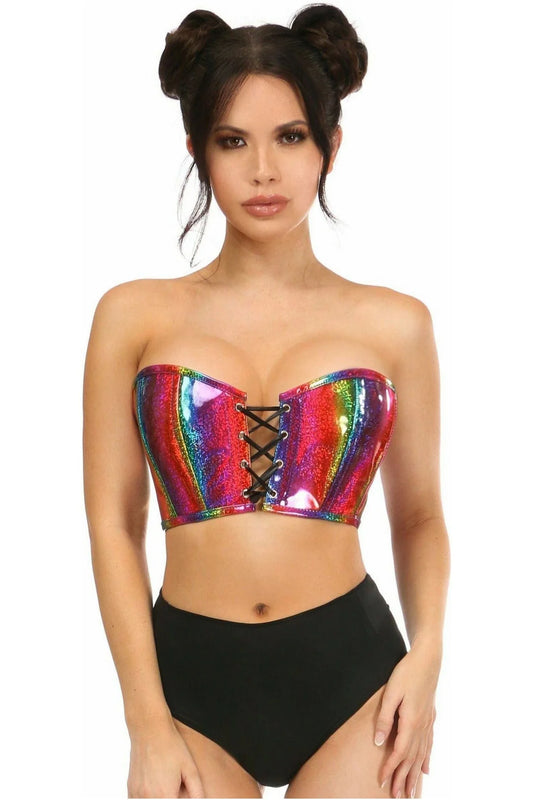 Rainbow Glitter PVC Lace-Up Bustier Top