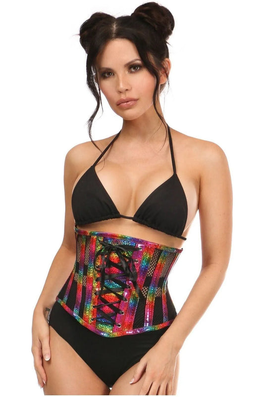 Rainbow Glitter PVC Steel Boned Underbust Corset w/Lace-Up Front